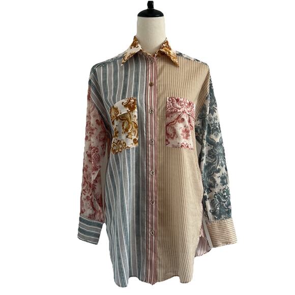 Zimmermann Spliced Patchwork Shirt Womens 1 US 6 Button Up 100% Cotton Neutral - Picture 3 of 13